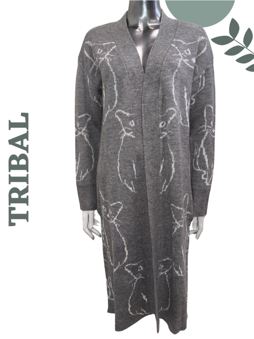 Papillon Cat Knit Cardigan Grey Long Duster Medium NWT - Picture 3 of 8